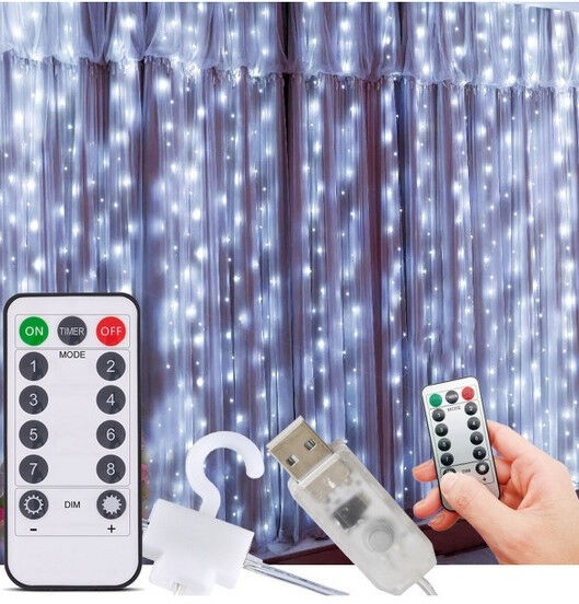 Гирлянда штора капля росы Sun Lamp 3х3 метра 300 LED с пультом и USB питанием, белое свечение