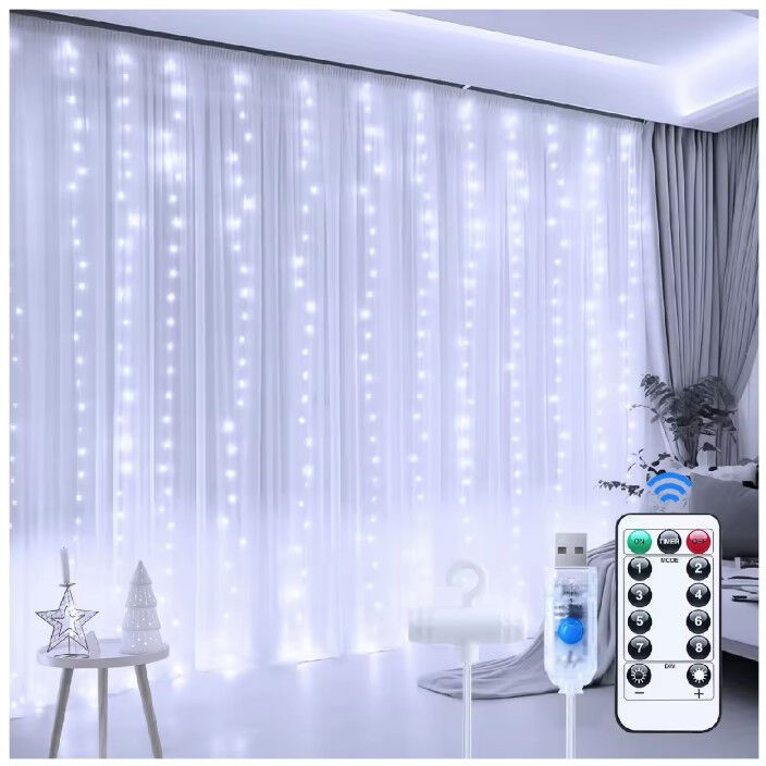 Гирлянда штора Sun Lamp большие капли росы 3х2,5 метра 200 led c пультом от USB от powerbank