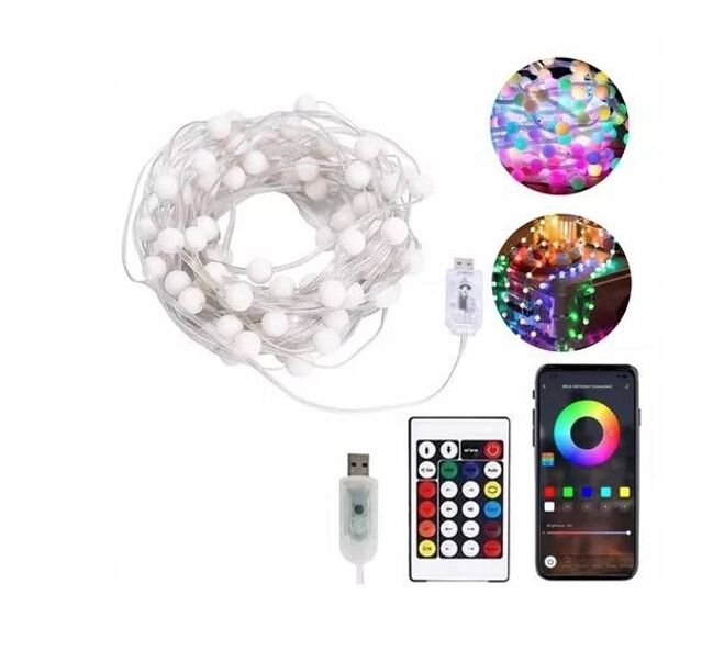 Умная светодиодная музыкальная гирлянда 100LED, 10 м, цветные RGB шарики с USB питанием и дистанционным