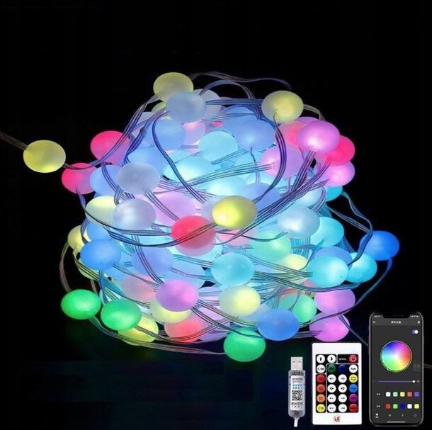 Умная светодиодная музыкальная гирлянда 100LED, 10 м, цветные RGB шарики с USB питанием и дистанционным