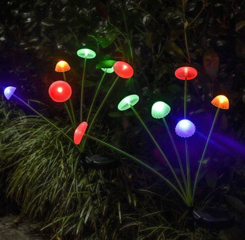 Ліхтарики сонячні садові у формі грибів 10 LED RGB, водонепроникні IP65, набір 2 шт для декору саду