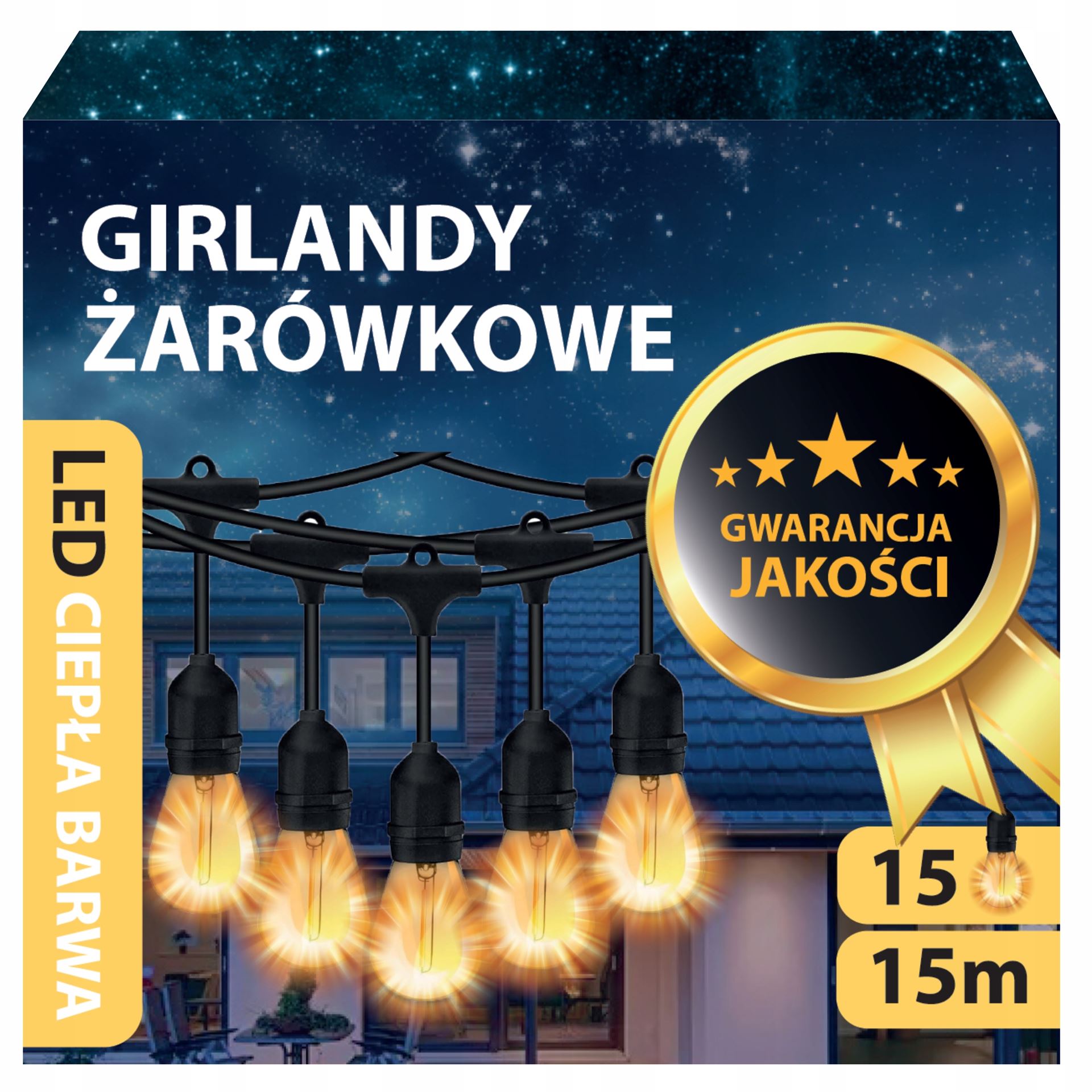 Гірлянда садова світлодіодна RED GARDEN 15м 15x LED лампочки E27 IP44 теплий білий 2700K для саду, балкону, тераси