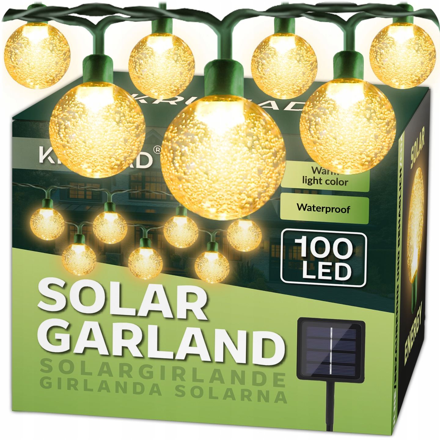 Вулична гірлянда садова SunLamp Krumad на сонячній батареї 100 LED 14м Водонепроникна IP65 8 режимів світіння  Теплий жовтий колір