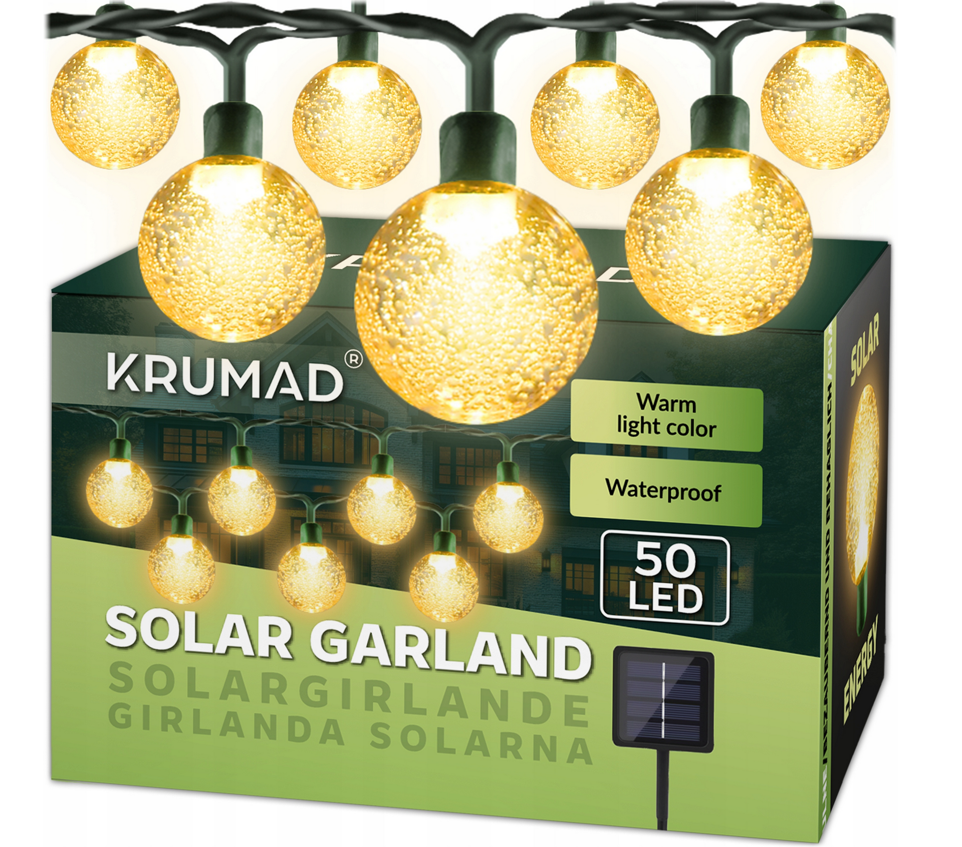 Гірлянда сонячна садова KRUMAD 50 LED 7м IP65 водонепроникна з 8 режимами світіння для саду, балкону, тераси, декоративне освітлення