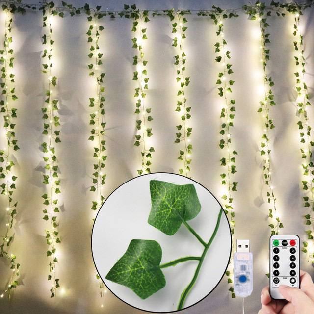 Листья плюща с гирляндой 300 LED, штора 3×3 м SunLamp – для комнаты, балкона, фотозоны, праздников и декора