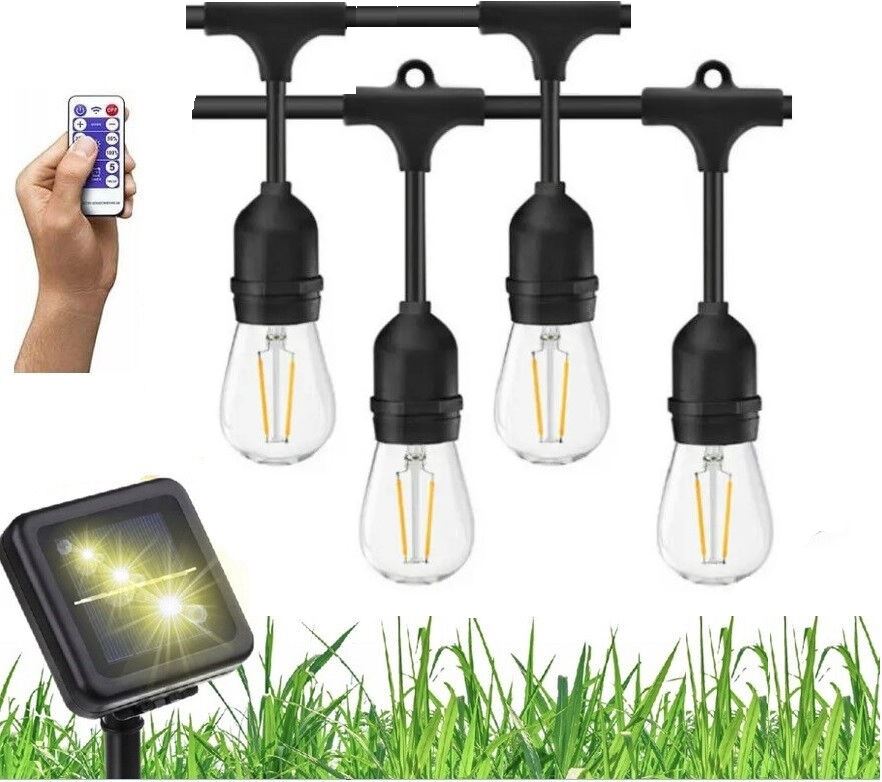 Ретро-гірлянда LED Edison 10 лампочок із сонячною панеллю, можливо зарядкою від мережі та пультом керування